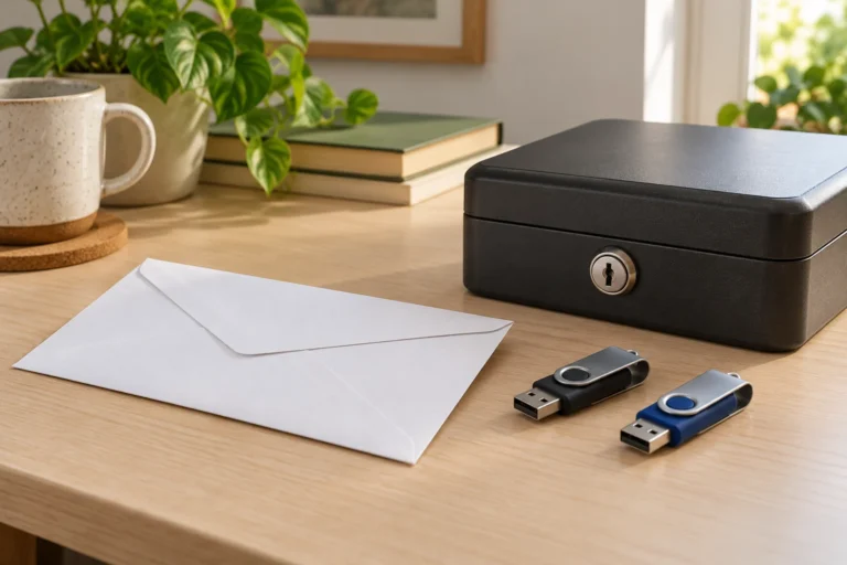 Dvě USB paměti, zavřená obálka a kovová schránka