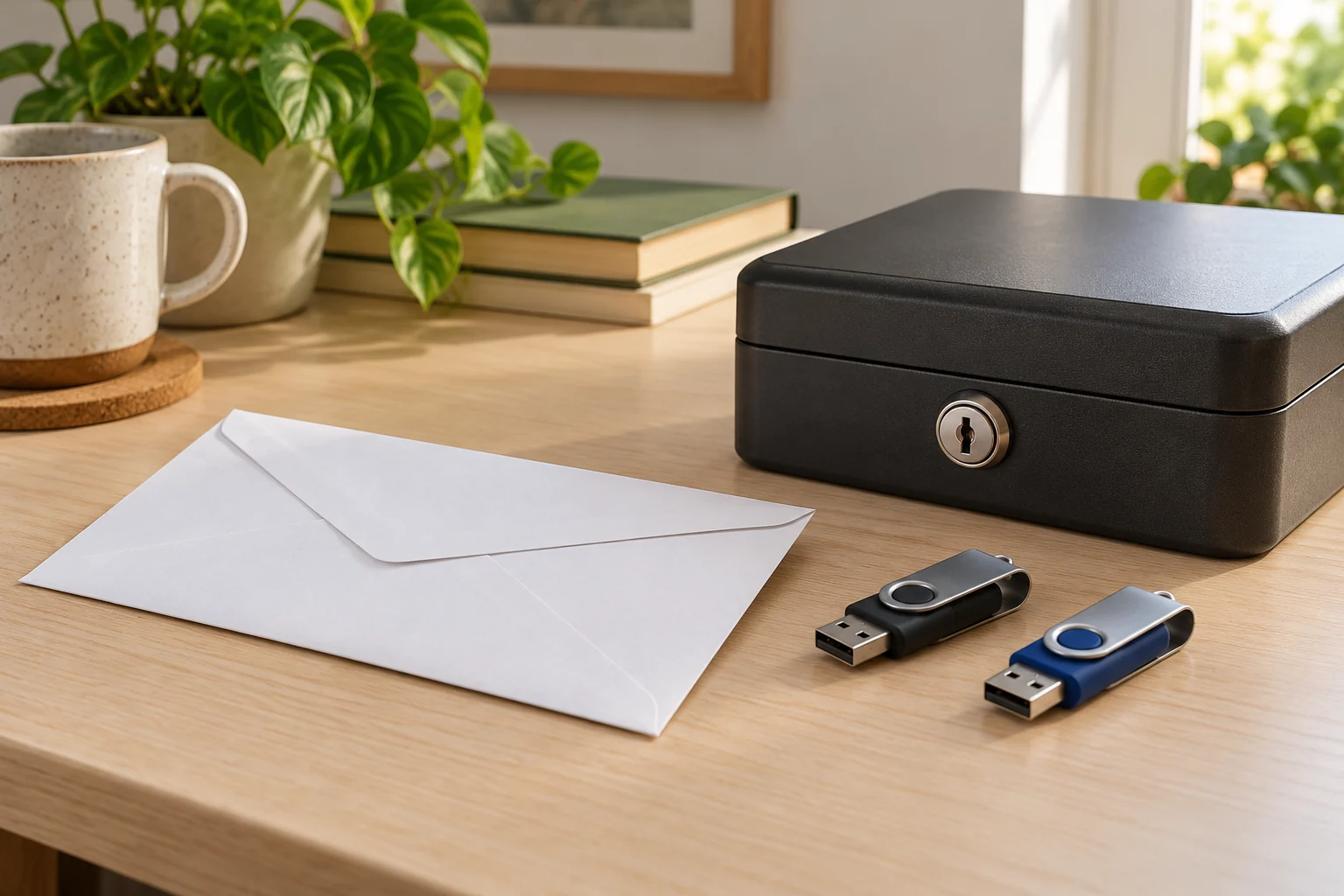 Dvě USB paměti, zavřená obálka a kovová schránka
