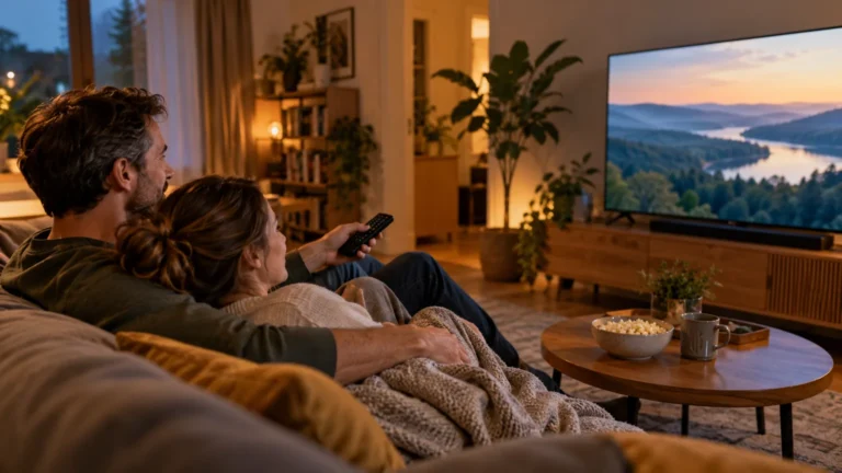 Dvojice sleduje televizi z pohovky v obývacím pokoji