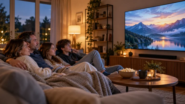 Rodina s dospívajícími dětmi sleduje televizi