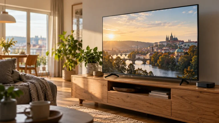 Televizor a malý přehrávač na dřevěné skříňce