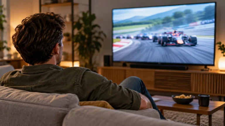 Divák sleduje motoristický přenos na televizoru