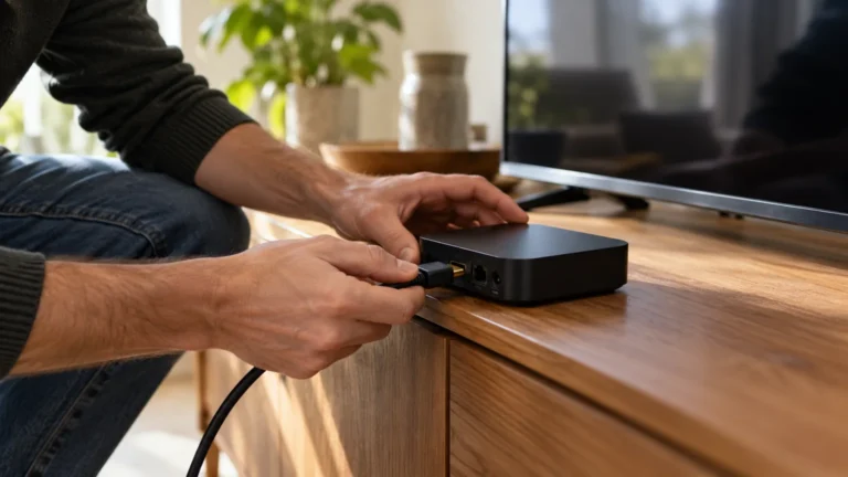Ruce připojují kabel HDMI k televiznímu přehrávači