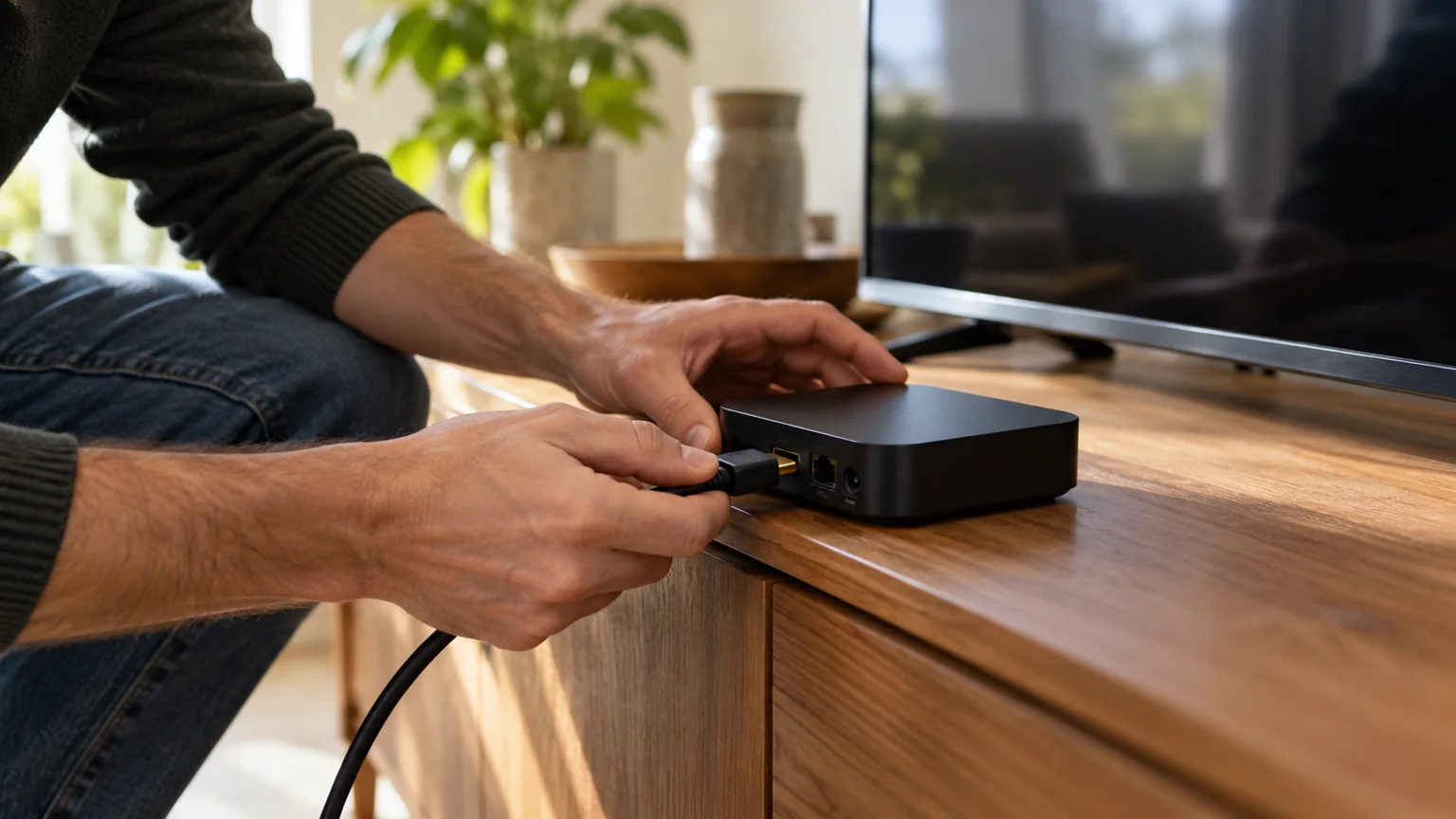 Ruce připojují kabel HDMI k televiznímu přehrávači