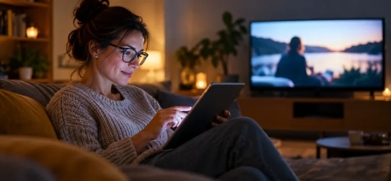 Člověk s brýlemi používá tablet na pohovce