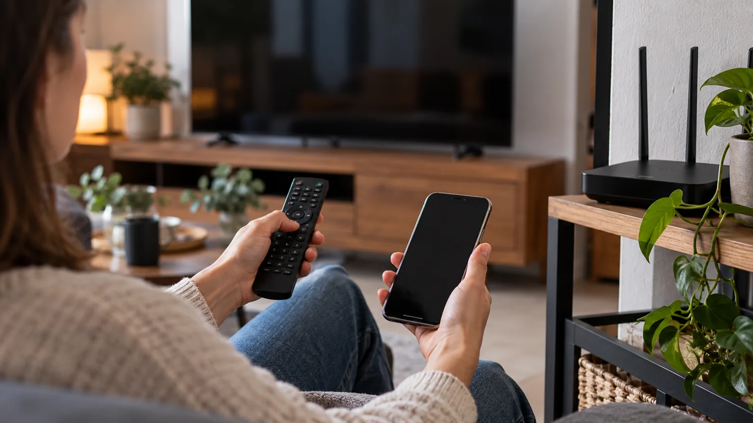 Ruce s ovladačem a telefonem v obývacím pokoji