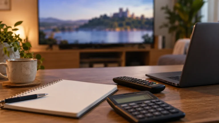 Zápisník, kalkulačka a ovladač vedle notebooku