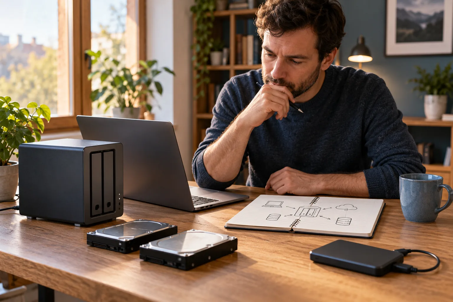 Muž plánuje domácí zálohování u notebooku, NAS a disků