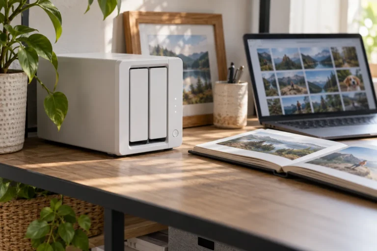 Bílé síťové úložiště vedle notebooku a fotografického alba