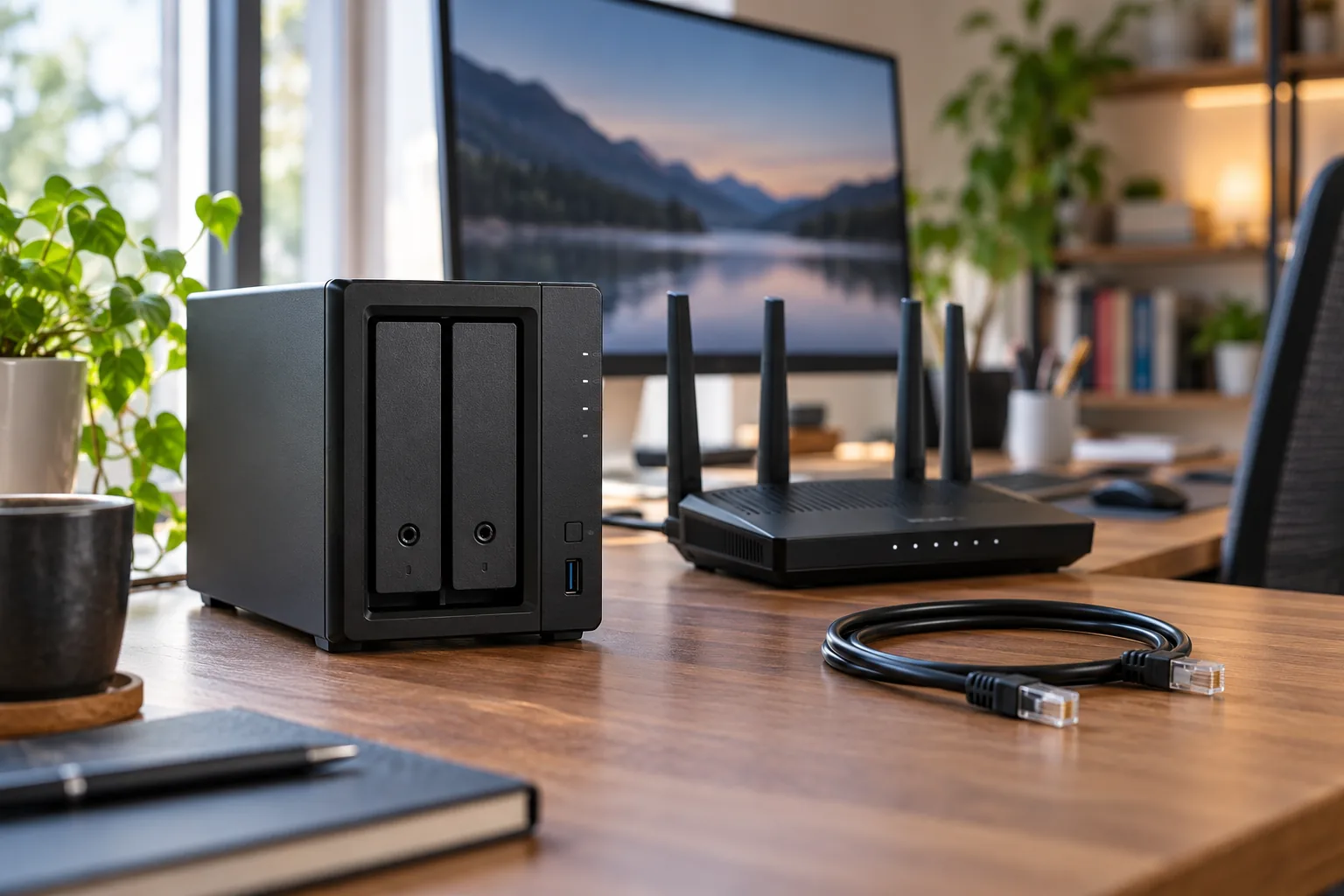 Síťové úložiště a router propojené v domácí pracovně