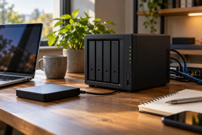 Síťové úložiště s externím diskem na pracovním stole