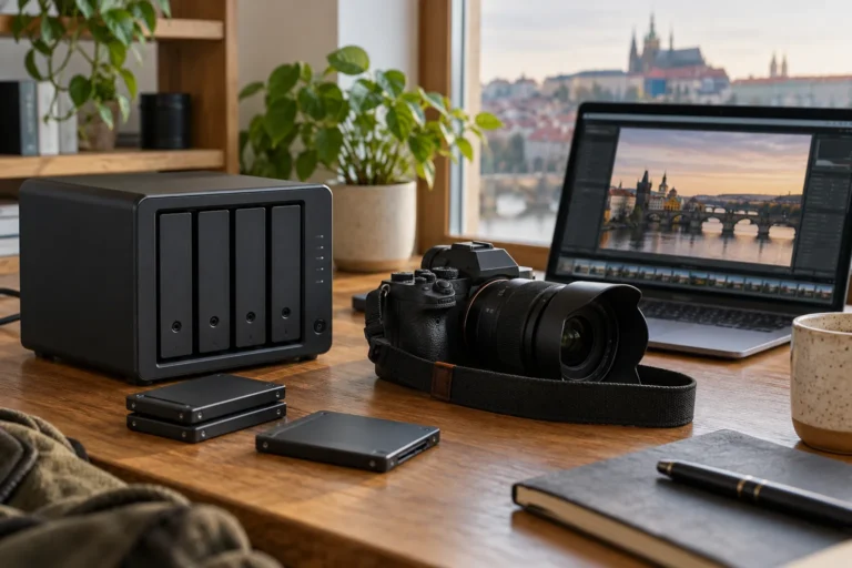 Fotoaparát a úložná zařízení na pracovním stole