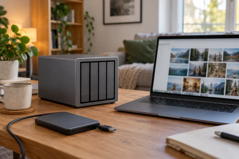 Síťové úložiště vedle notebooku s knihovnou fotografií