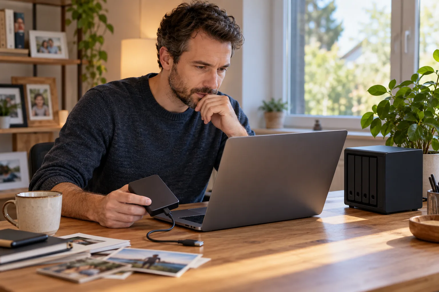 Muž pracuje u notebooku s externím diskem a síťovým úložištěm