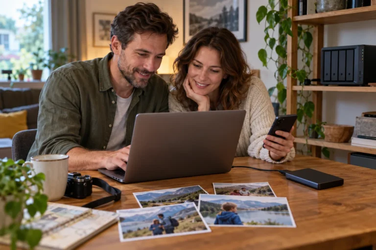 Dvojice prohlíží rodinné fotografie na telefonu a notebooku