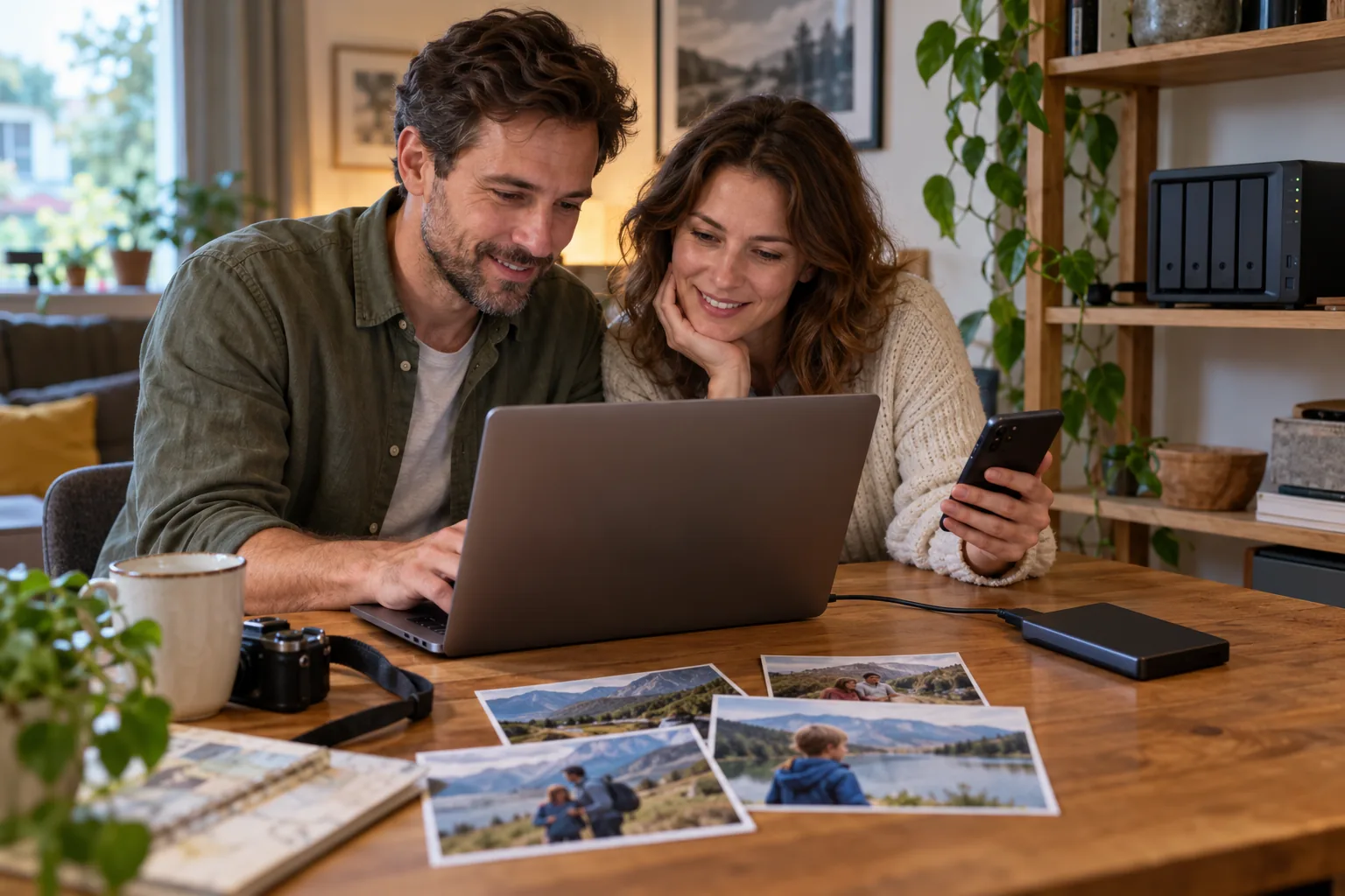 Dvojice prohlíží rodinné fotografie na telefonu a notebooku