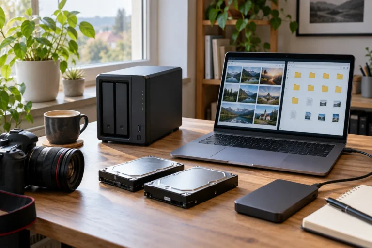 Pevné disky a fotoaparát vedle notebooku a síťového úložiště