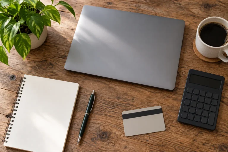 Zavřený notebook, prázdný zápisník, kalkulačka a neoznačená karta na stole.