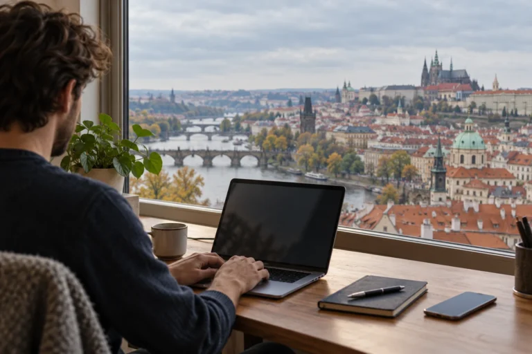 Muž u notebooku vedle okna s výhledem na pražské střechy a řeku.