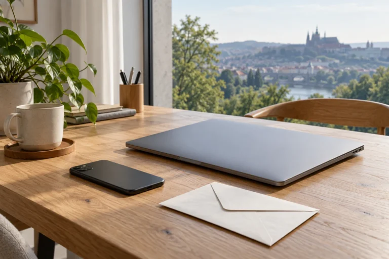 Zavřený notebook, telefon a neoznačená obálka na dřevěném stole.