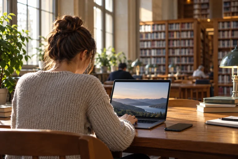 Žena používá notebook u stolu v knihovně.