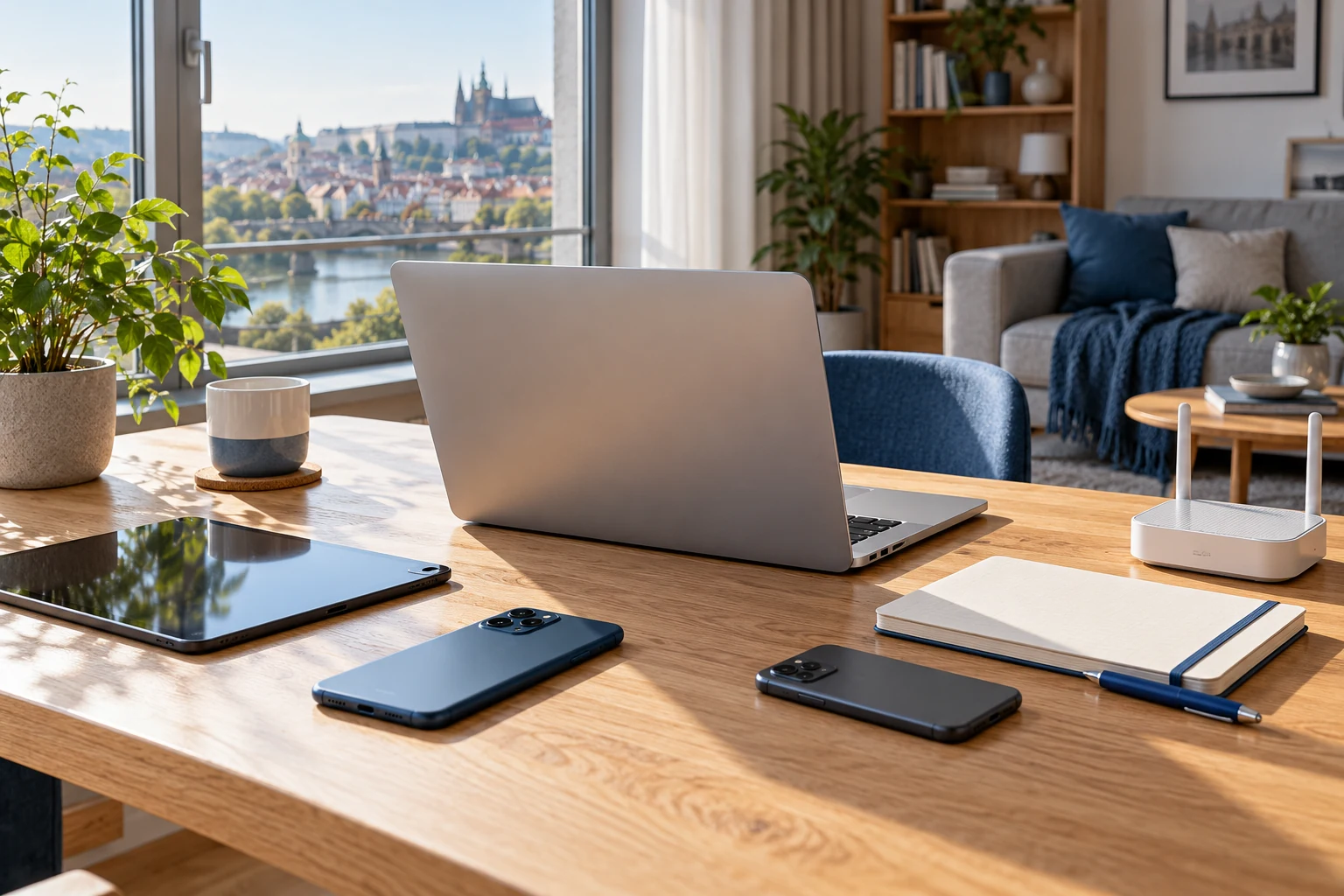 Notebook, tablet, dva telefony, router a zápisník na domácím stole.