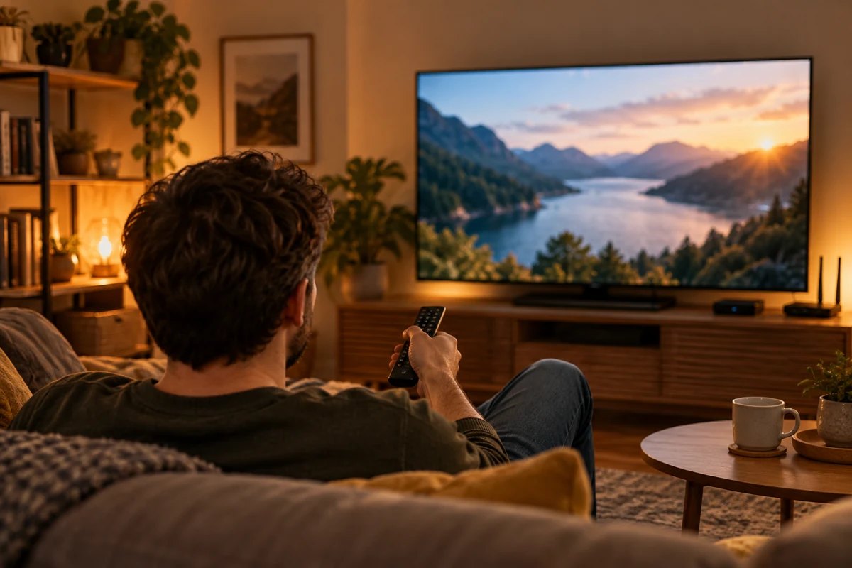Dospělý člověk s ovladačem sleduje televizi v obývacím pokoji.
