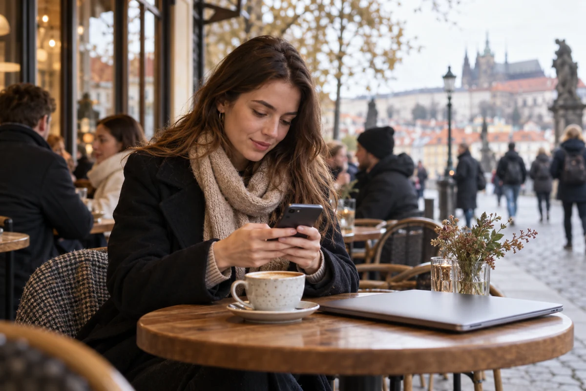 Žena používá telefon u stolku kavárny, vedle leží zavřený notebook.