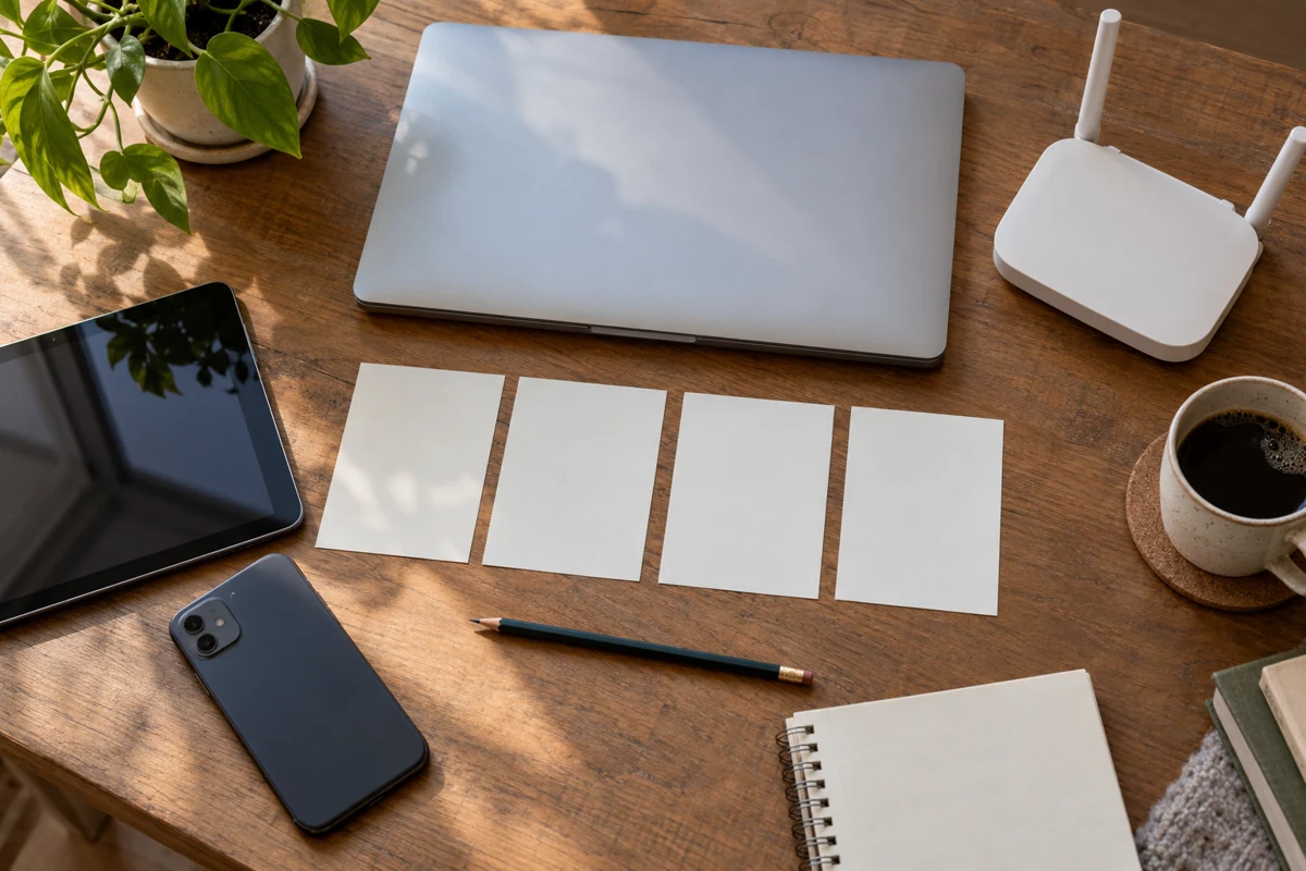 Na pracovním stole jsou zavřený notebook, tablet, telefon a prázdné kartičky.