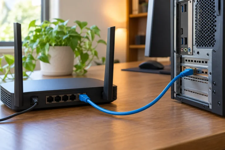 Domácí router s ethernetovým kabelem vedle počítače