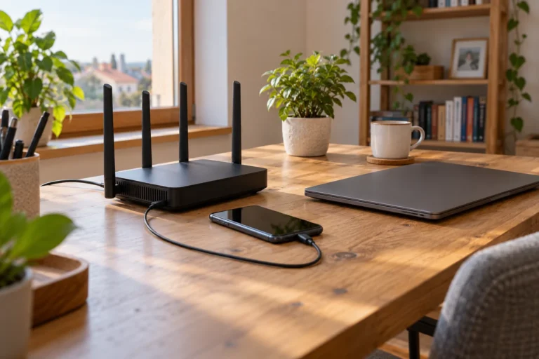 Router a telefon propojené USB kabelem na pracovním stole