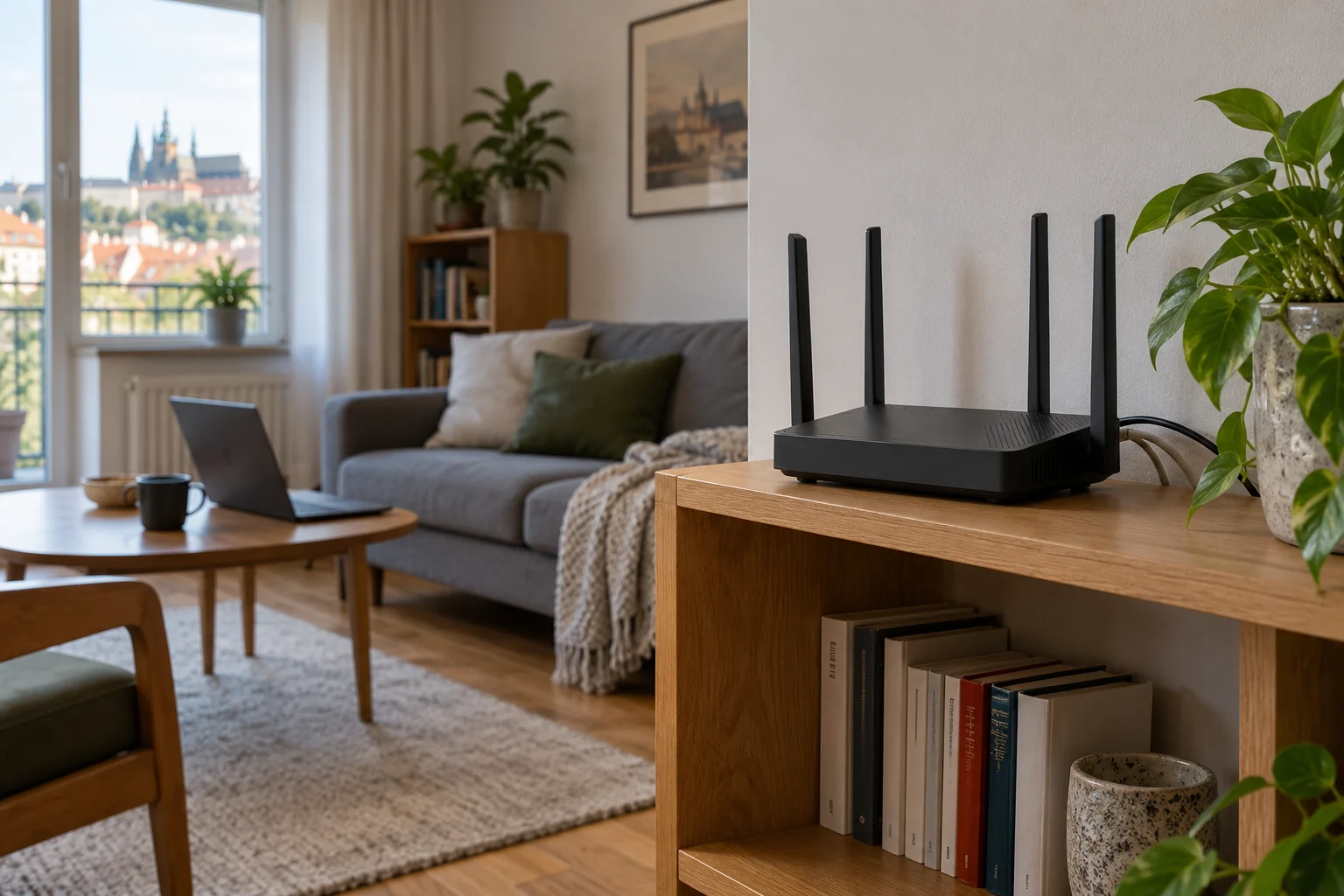 Domácí router na otevřené polici v obývacím pokoji