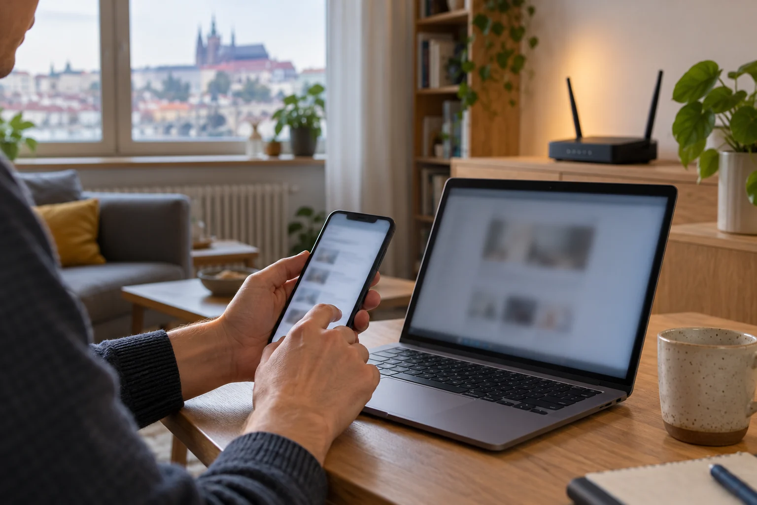Člověk kontroluje připojení na telefonu a notebooku