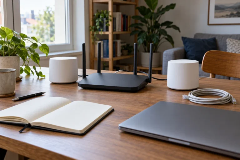Router, dvě mesh jednotky a síťový kabel na pracovním stole
