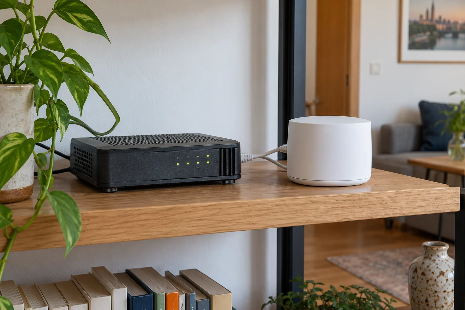Modem a mesh jednotka vedle sebe na otevřené polici